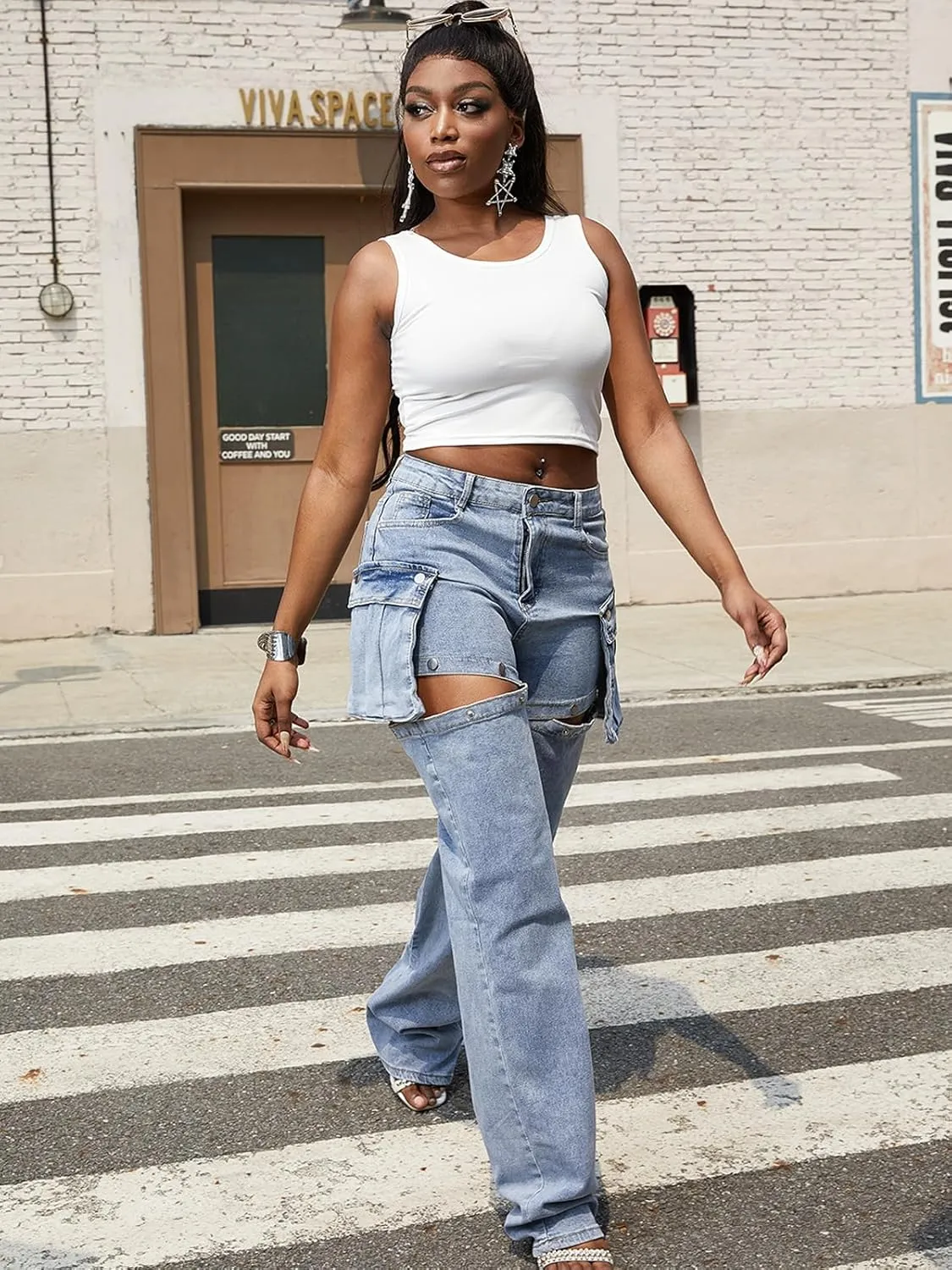 Molisry Women's Cargo Jeans Streetwear High Waisted Convertible Cutout Lounge Stretch Denim Cargo Pants