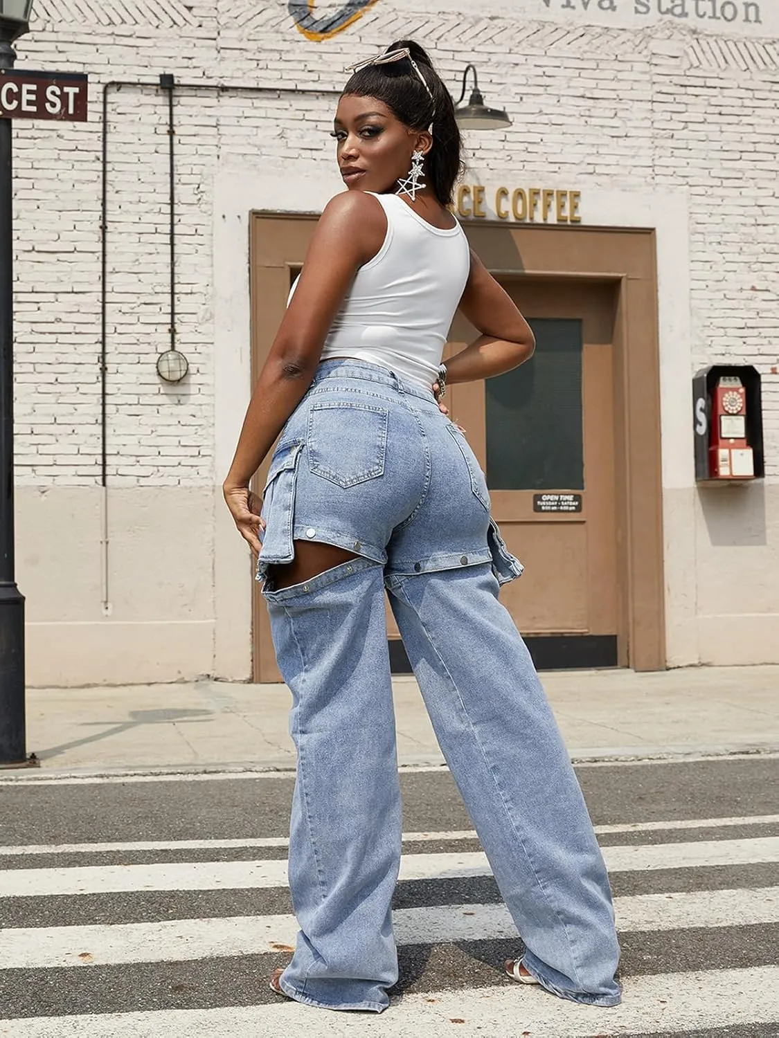 Molisry Women's Cargo Jeans Streetwear High Waisted Convertible Cutout Lounge Stretch Denim Cargo Pants