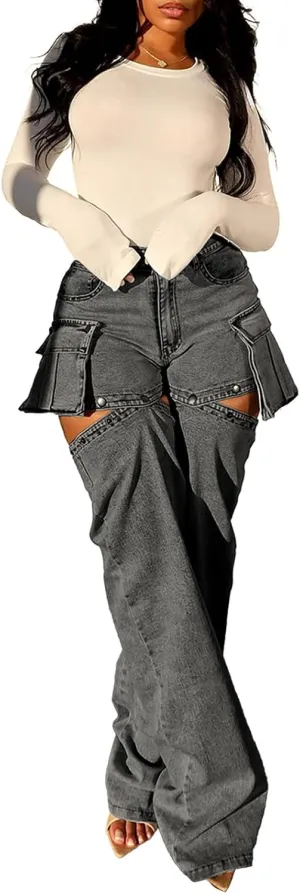 Molisry Women's Cargo Jeans Streetwear High Waisted Convertible Cutout Lounge Stretch Denim Cargo Pants