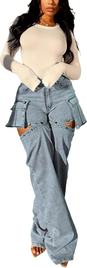 Molisry Women's Cargo Jeans Streetwear High Waisted Convertible Cutout Lounge Stretch Denim Cargo Pants