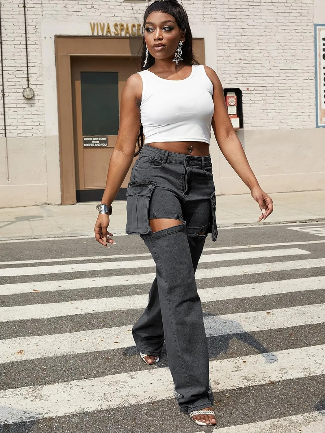 Molisry Women's Cargo Jeans Streetwear High Waisted Convertible Cutout Lounge Stretch Denim Cargo Pants