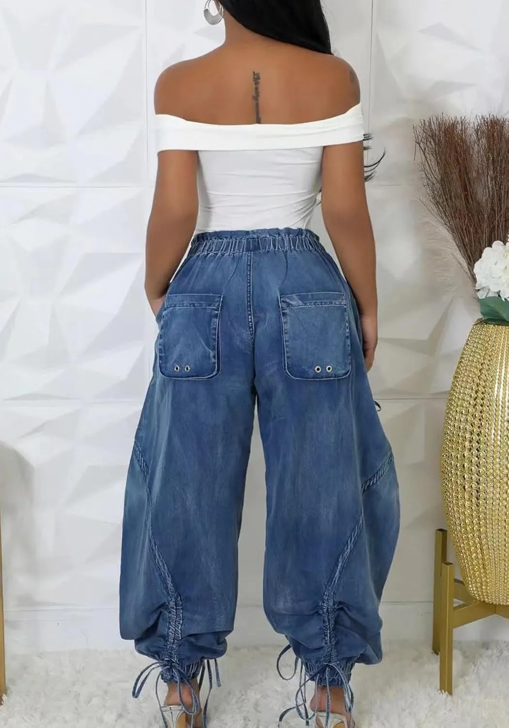 Molisry Women's Drawstring Wide Leg Jeans High Wasited Y2K Harem Baggy Pants Denim Casual Streetwear