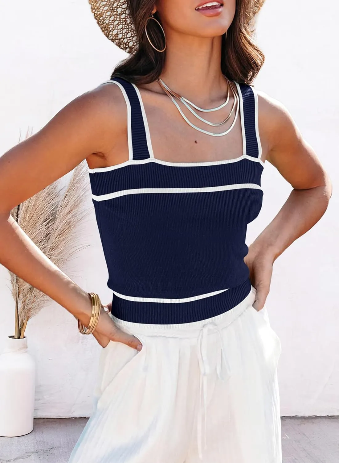 NALANISA Women's Trendy Summer Square Neck Crop Tank Tops 2025 Casual Color Block Knit Sleeveless Slim Fit Y2k Cami Shirts