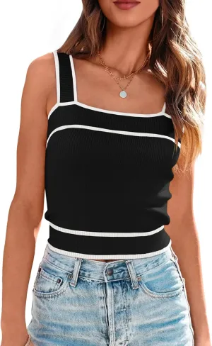 NALANISA Women's Trendy Summer Square Neck Crop Tank Tops 2025 Casual Color Block Knit Sleeveless Slim Fit Y2k Cami Shirts