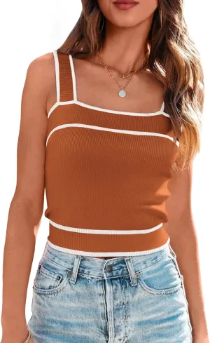 NALANISA Women's Trendy Summer Square Neck Crop Tank Tops 2025 Casual Color Block Knit Sleeveless Slim Fit Y2k Cami Shirts