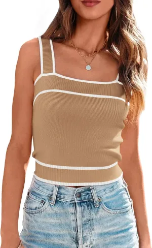 NALANISA Women's Trendy Summer Square Neck Crop Tank Tops 2025 Casual Color Block Knit Sleeveless Slim Fit Y2k Cami Shirts
