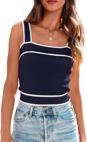NALANISA Women's Trendy Summer Square Neck Crop Tank Tops 2025 Casual Color Block Knit Sleeveless Slim Fit Y2k Cami Shirts