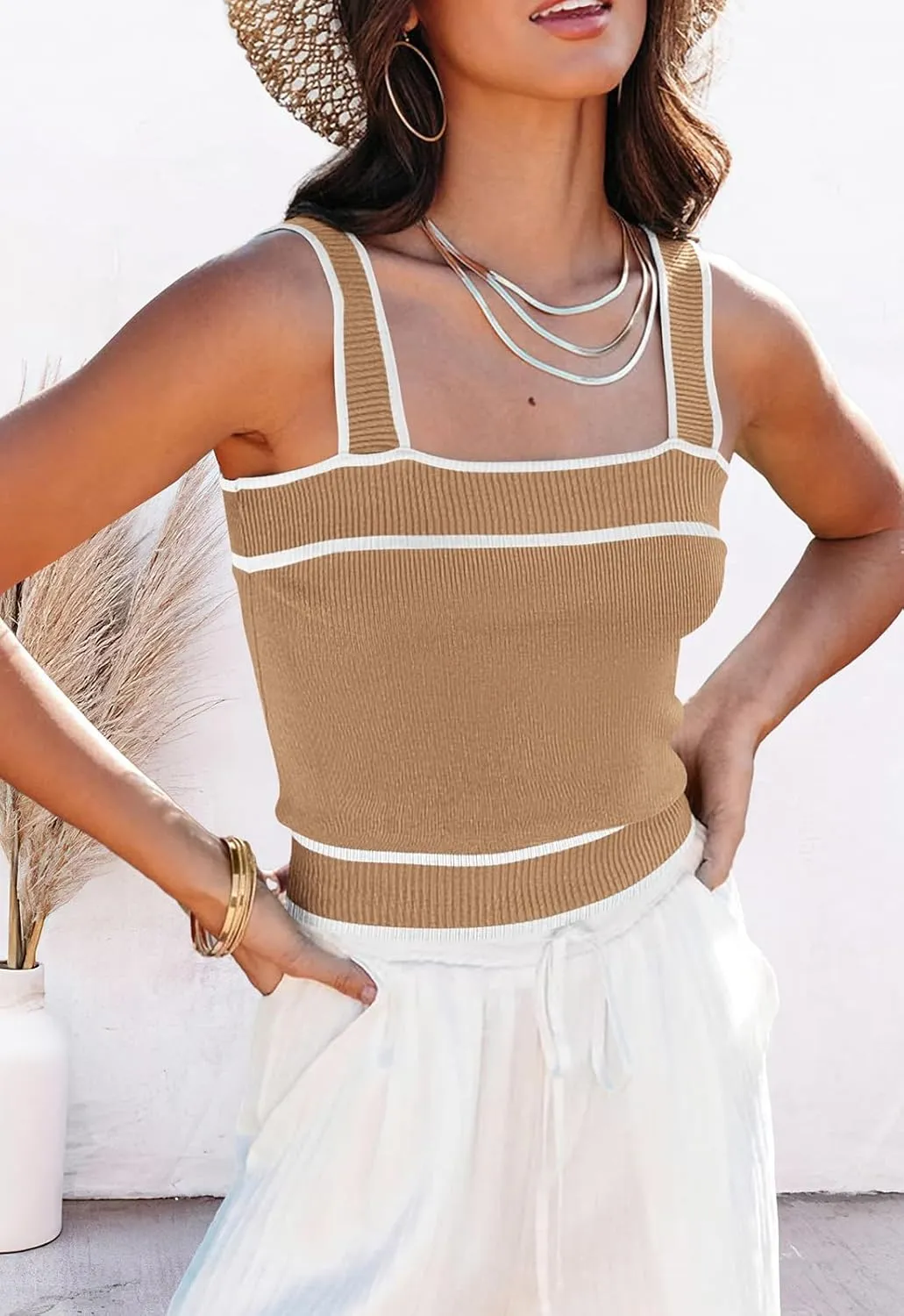 NALANISA Women's Trendy Summer Square Neck Crop Tank Tops 2025 Casual Color Block Knit Sleeveless Slim Fit Y2k Cami Shirts