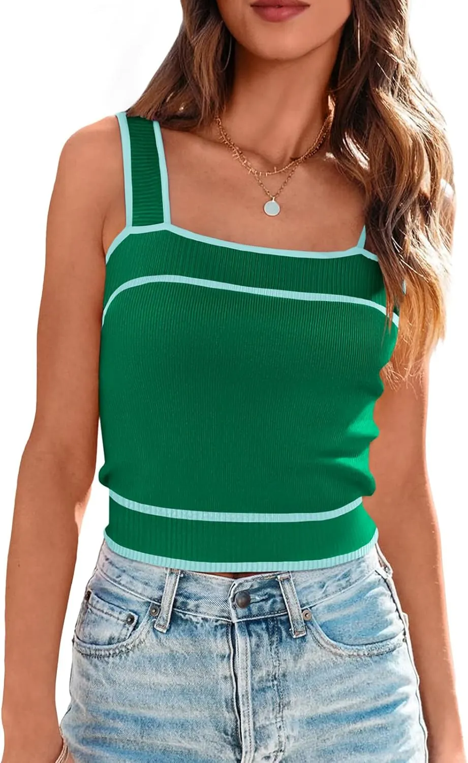 NALANISA Women's Trendy Summer Square Neck Crop Tank Tops 2025 Casual Color Block Knit Sleeveless Slim Fit Y2k Cami Shirts