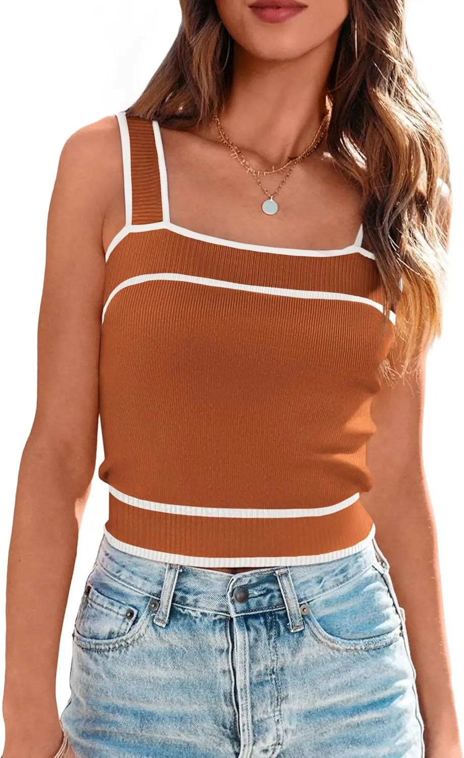 NALANISA Women's Trendy Summer Square Neck Crop Tank Tops 2025 Casual Color Block Knit Sleeveless Slim Fit Y2k Cami Shirts