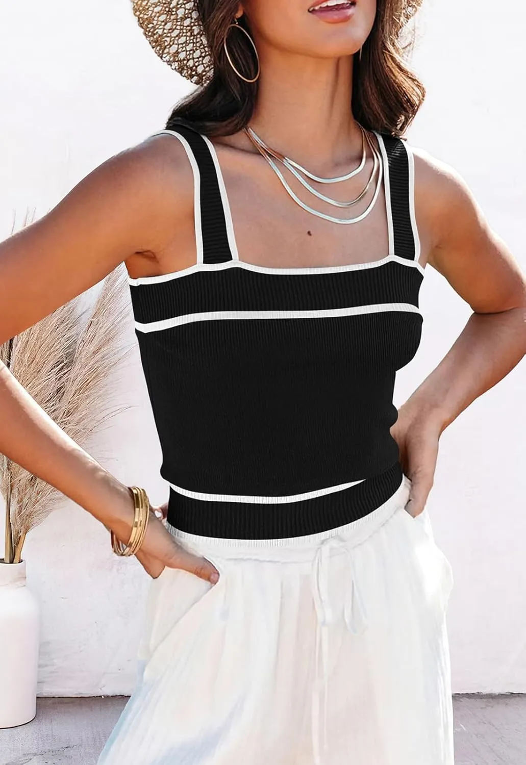NALANISA Women's Trendy Summer Square Neck Crop Tank Tops 2025 Casual Color Block Knit Sleeveless Slim Fit Y2k Cami Shirts