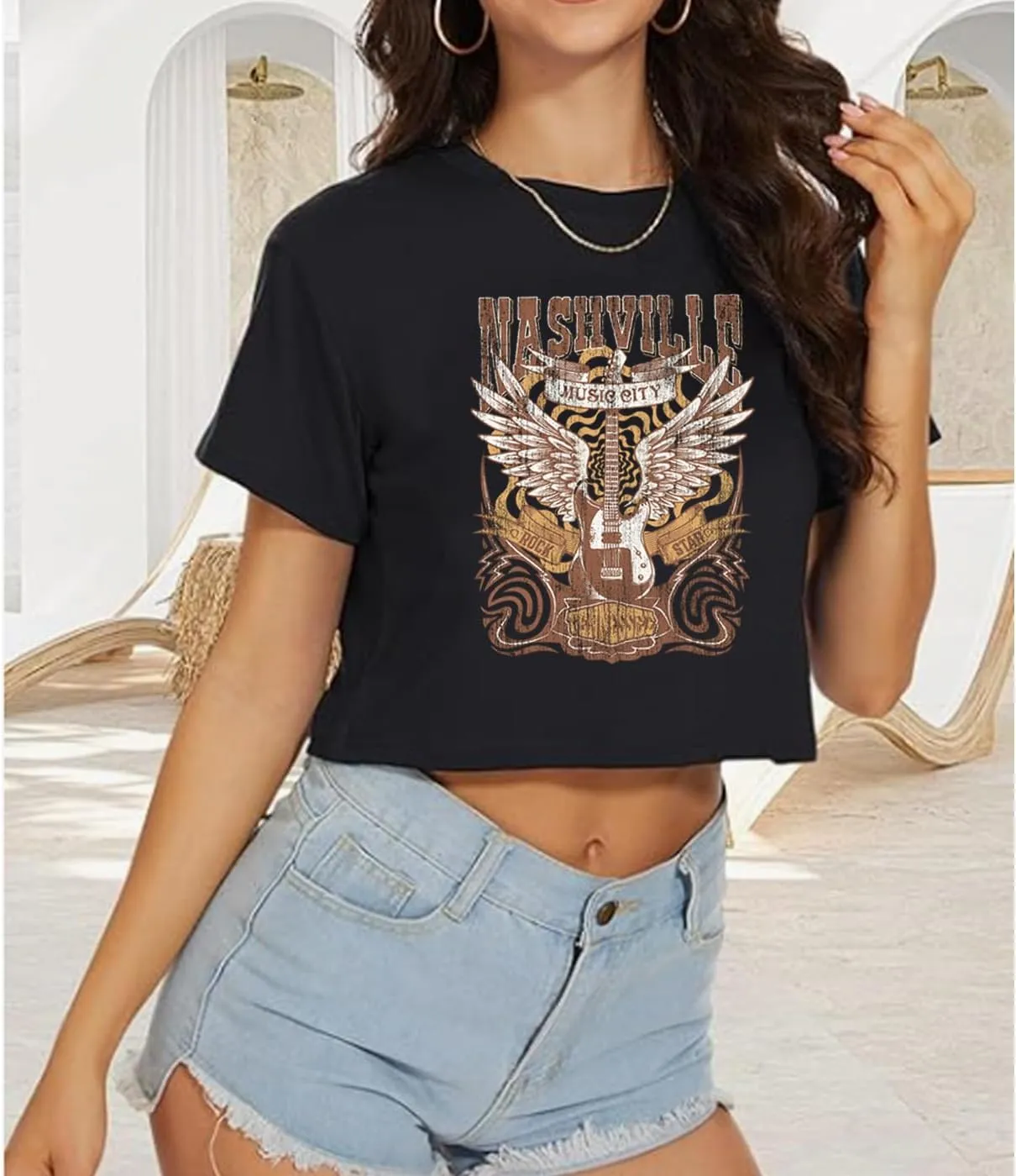 Nashville Music City T-Shirt Women Country Music Crop Tops Rock Band Tshirt Vintage Guitar Wings Graphic Tees
