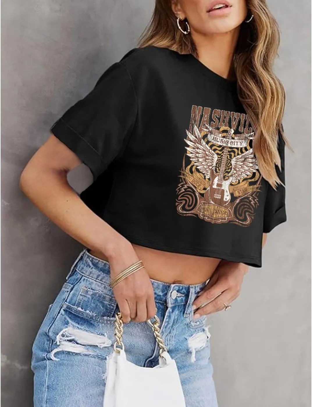 Nashville Music City T-Shirt Women Country Music Crop Tops Rock Band Tshirt Vintage Guitar Wings Graphic Tees