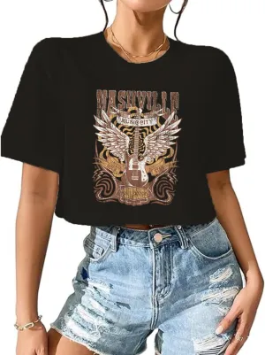 Nashville Music City T-Shirt Women Country Music Crop Tops Rock Band Tshirt Vintage Guitar Wings Graphic Tees