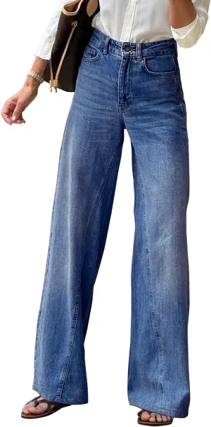 Necooer Womens Jeans Stretchy Casual Boyfriend Wide Leg Washed Sexy Baggy Denim Pants for Women Trendy