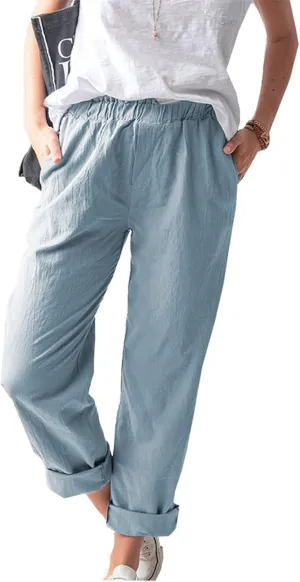 niuwa Cotton Linen Trousers for Women Elastic Waist Solid Color Casual Pants with Pockets Summer Boho Pants (Light Blue, XL)