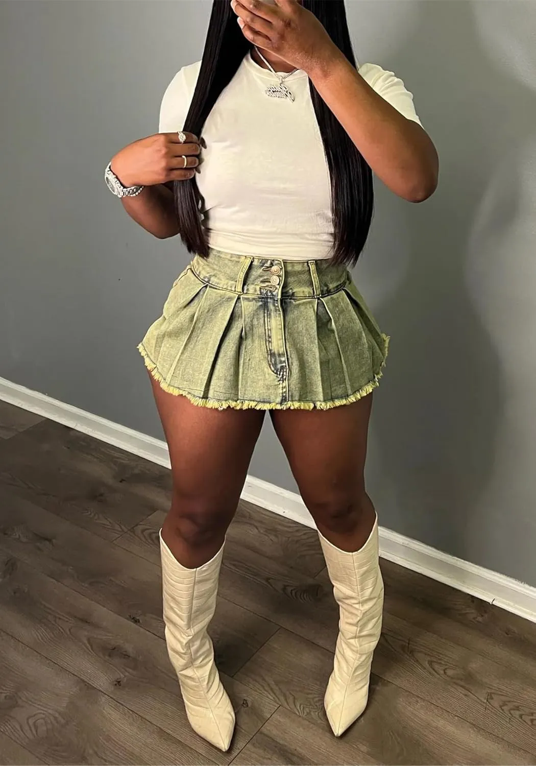 NRTHYE Women Denim Skorts Skirts Casual Pleated High Waisted Mini Skirts Shorts Jeans