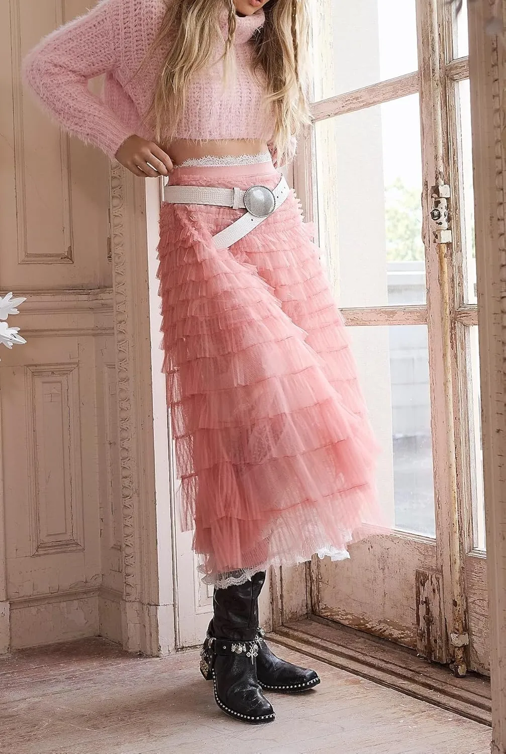 NUFIWI Women Ruffle Maxi Slip Skirt Elastic Waist Sheer Mesh Long Skirts Lace Layered Tiered Tulle Tutu Skirt Petticoat