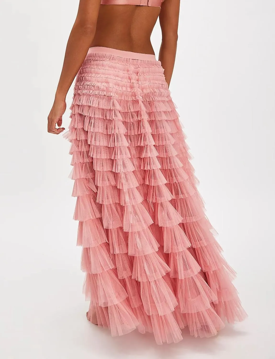 NUFIWI Women Ruffle Maxi Slip Skirt Elastic Waist Sheer Mesh Long Skirts Lace Layered Tiered Tulle Tutu Skirt Petticoat