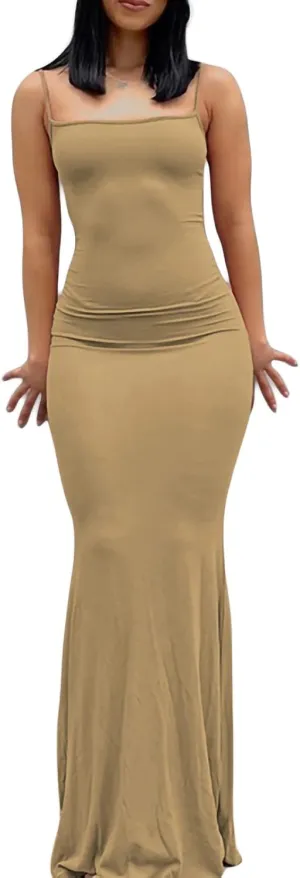 NUFIWI Women Sexy Hollow Out Maxi Dress Spaghetti Strap Low Cut Cami Dress Bodycon Summer Beach Party Formal Sundress