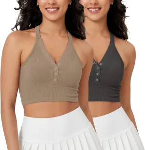 ODODOS 2-Pack Seamless Henley Crop for Women Open Back Ribbed Tank Button-up Cropped Top
