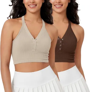 ODODOS 2-Pack Seamless Henley Crop for Women Open Back Ribbed Tank Button-up Cropped Top