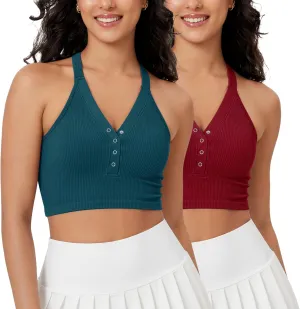 ODODOS 2-Pack Seamless Henley Crop for Women Open Back Ribbed Tank Button-up Cropped Top