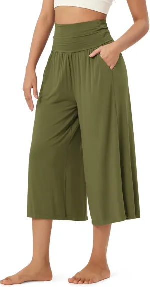 ODODOS Women's Wide Leg Palazzo Lounge Cropped Pants with Pockets Light Weight Comfy Pajama Capri Pants-20/22"/ 24" Inseam