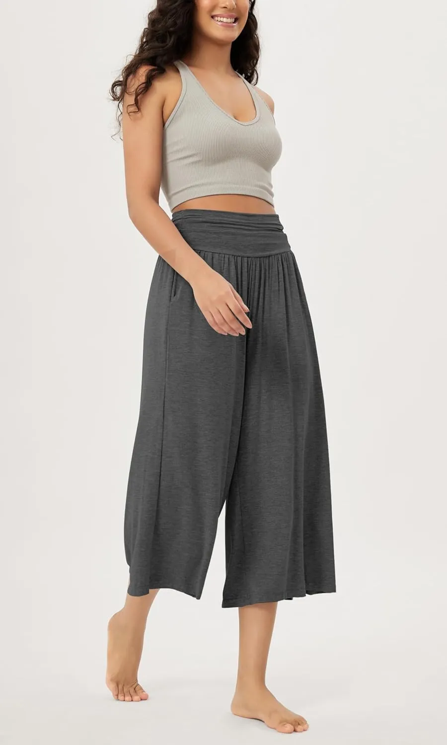 ODODOS Women's Wide Leg Palazzo Lounge Cropped Pants with Pockets Light Weight Comfy Pajama Capri Pants-20/22"/ 24" Inseam