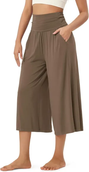 ODODOS Women's Wide Leg Palazzo Lounge Cropped Pants with Pockets Light Weight Comfy Pajama Capri Pants-20/22"/ 24" Inseam