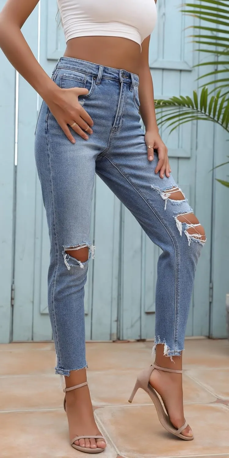 OFLUCK Straight Leg Mom Jeans for Women High Waisted Trendy Ankle Length Boyfriend Denim Tapered Leg Pants