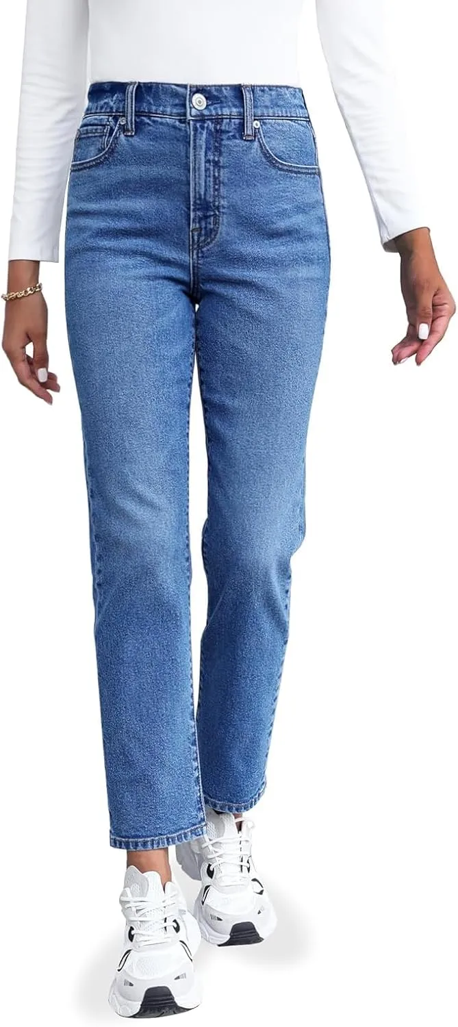 OFLUCK Straight Leg Mom Jeans for Women High Waisted Trendy Ankle Length Boyfriend Denim Tapered Leg Pants