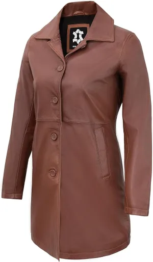 Outerwear Real Lambskin Car Coats For Women - Classic Button Down Vintage Style Long Leather Jacket Womens