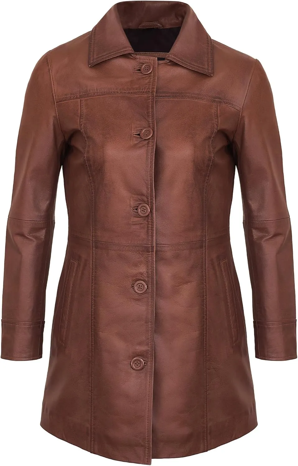 Outerwear Real Lambskin Car Coats For Women - Classic Button Down Vintage Style Long Leather Jacket Womens