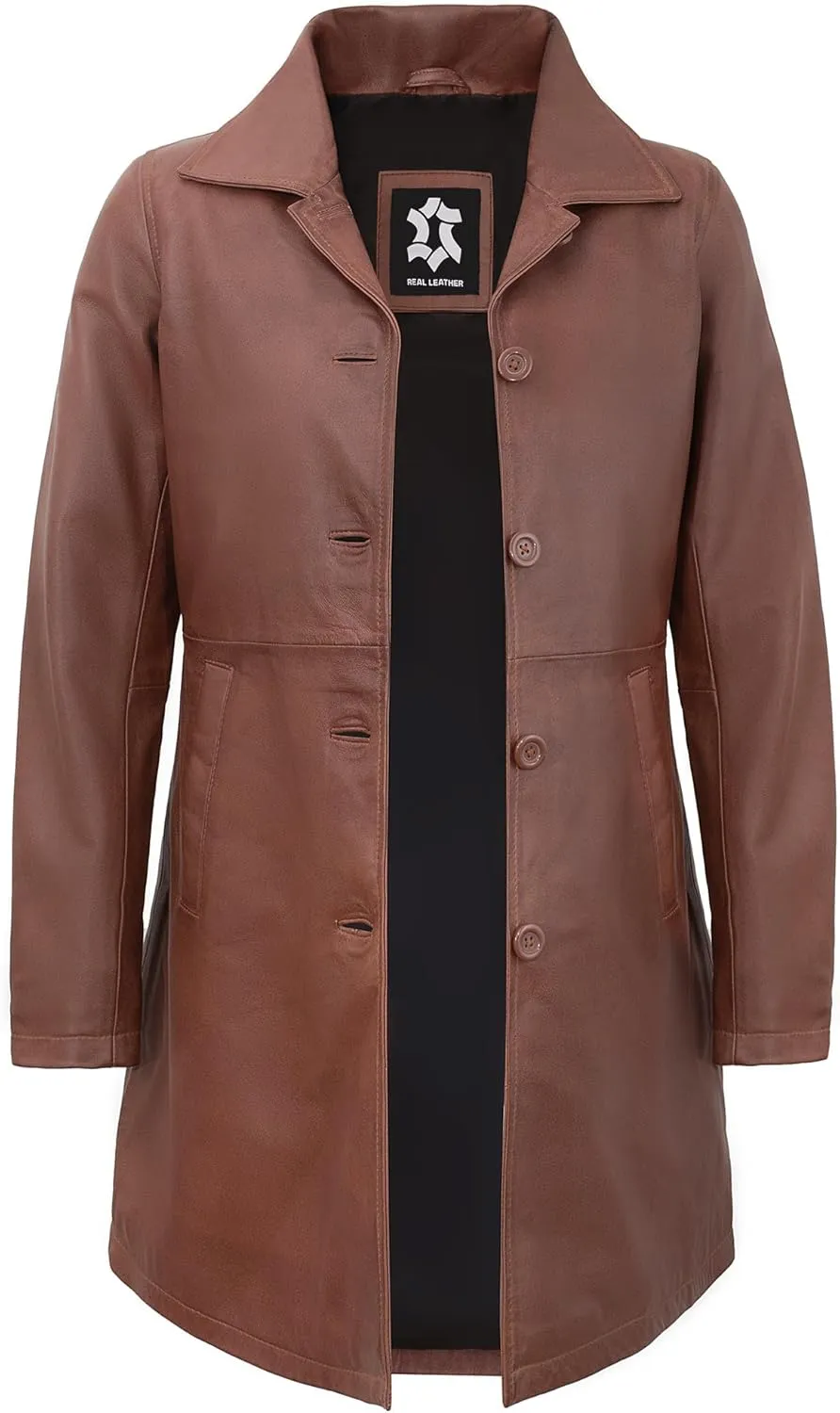 Outerwear Real Lambskin Car Coats For Women - Classic Button Down Vintage Style Long Leather Jacket Womens