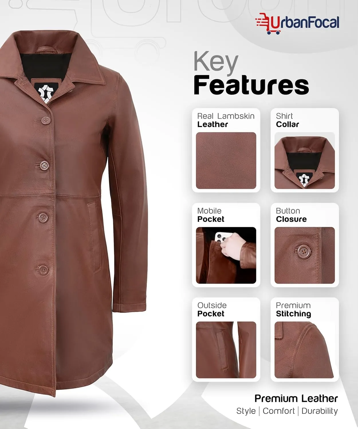 Outerwear Real Lambskin Car Coats For Women - Classic Button Down Vintage Style Long Leather Jacket Womens