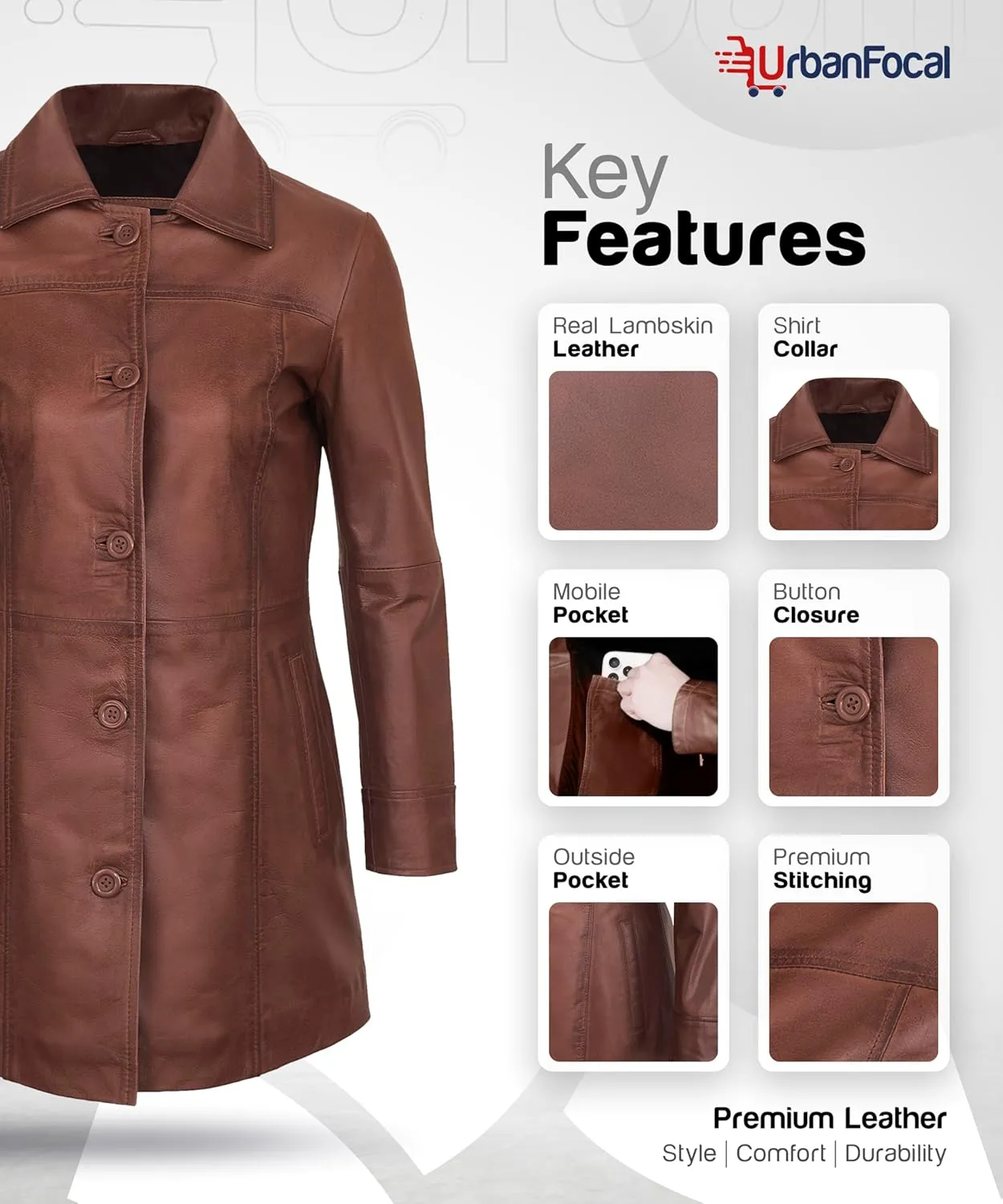 Outerwear Real Lambskin Car Coats For Women - Classic Button Down Vintage Style Long Leather Jacket Womens