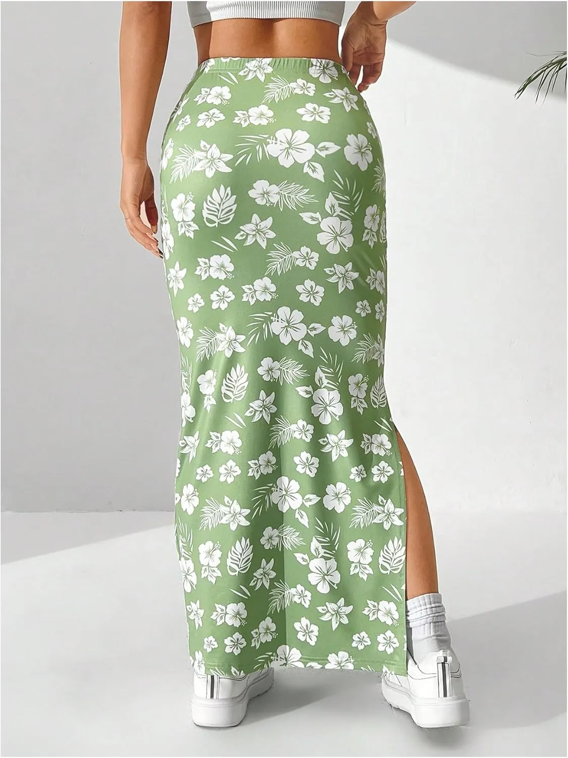 OYOANGLE Women's Floral Print Split Side Skirt Elastic Waist Beach Casual Long Skirts