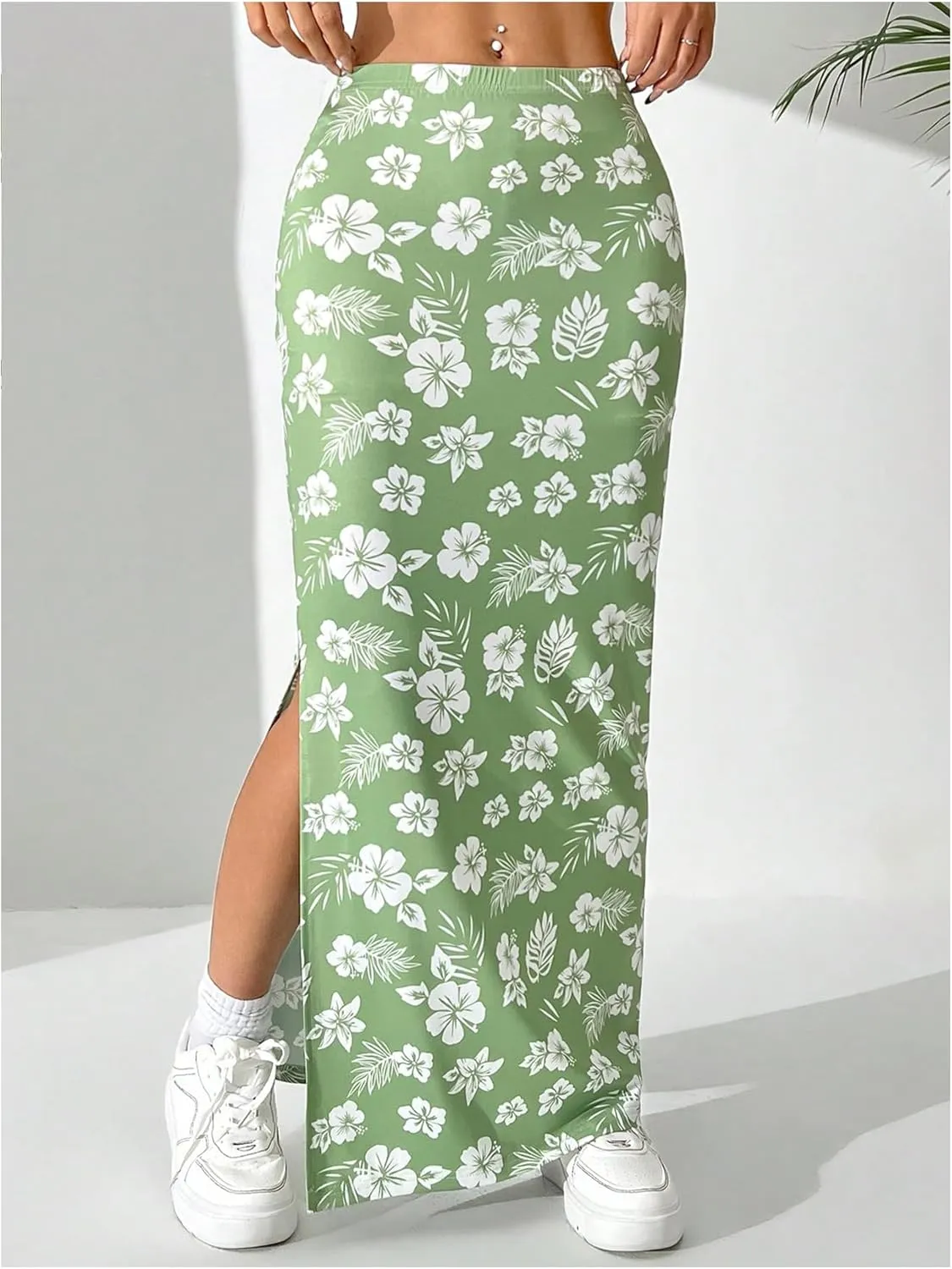 OYOANGLE Women's Floral Print Split Side Skirt Elastic Waist Beach Casual Long Skirts