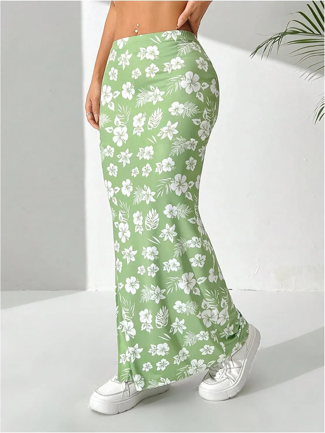 OYOANGLE Women's Floral Print Split Side Skirt Elastic Waist Beach Casual Long Skirts