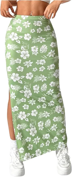 OYOANGLE Women's Floral Print Split Side Skirt Elastic Waist Beach Casual Long Skirts