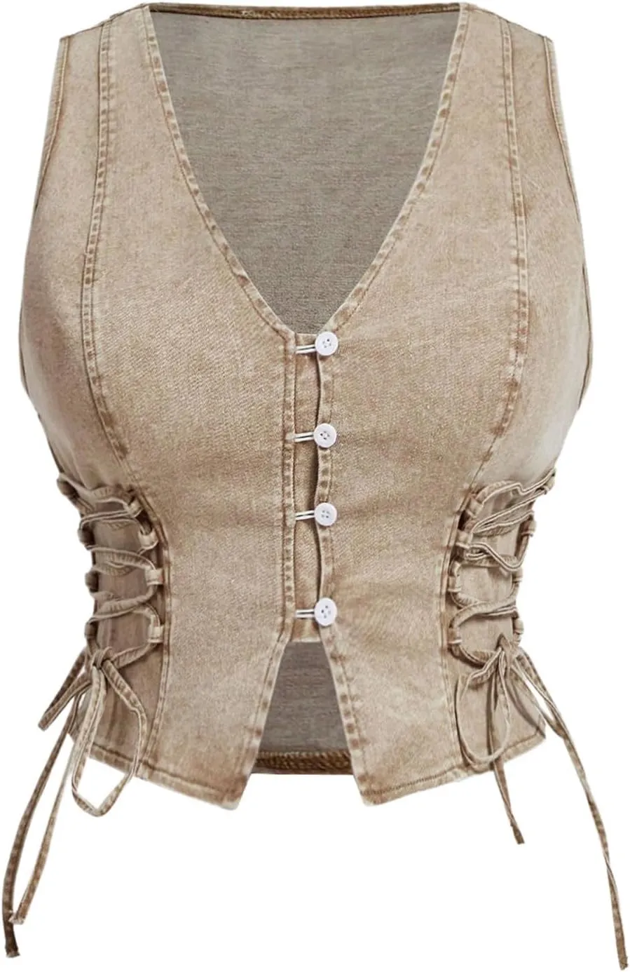OYOANGLE Women's Plus Size Vintage Lace Up Denim Vest Top Button Front V Neck Jean Tank Tops