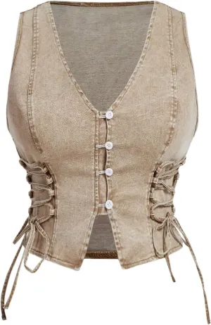 OYOANGLE Women's Plus Size Vintage Lace Up Denim Vest Top Button Front V Neck Jean Tank Tops