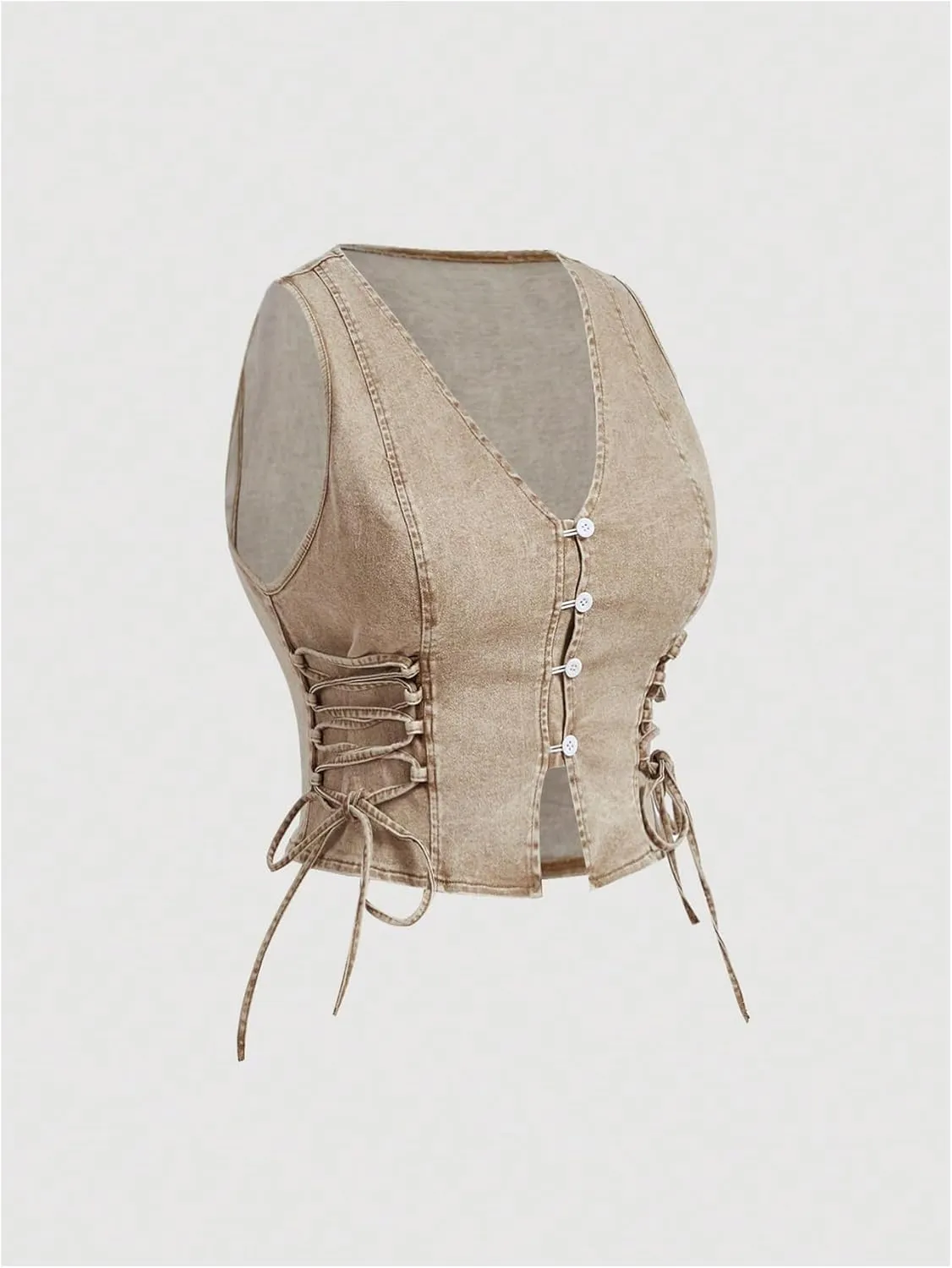 OYOANGLE Women's Plus Size Vintage Lace Up Denim Vest Top Button Front V Neck Jean Tank Tops