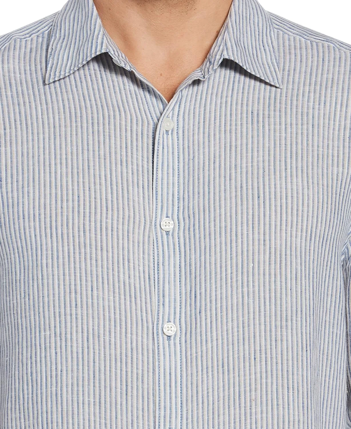 Perry Ellis Men's Linen Blend Tri-Color Stripe Roll Sleeve Button-Down Shirt