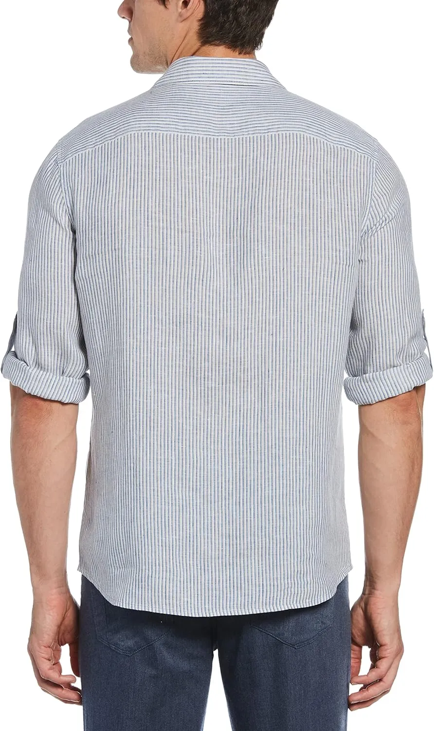 Perry Ellis Men's Linen Blend Tri-Color Stripe Roll Sleeve Button-Down Shirt