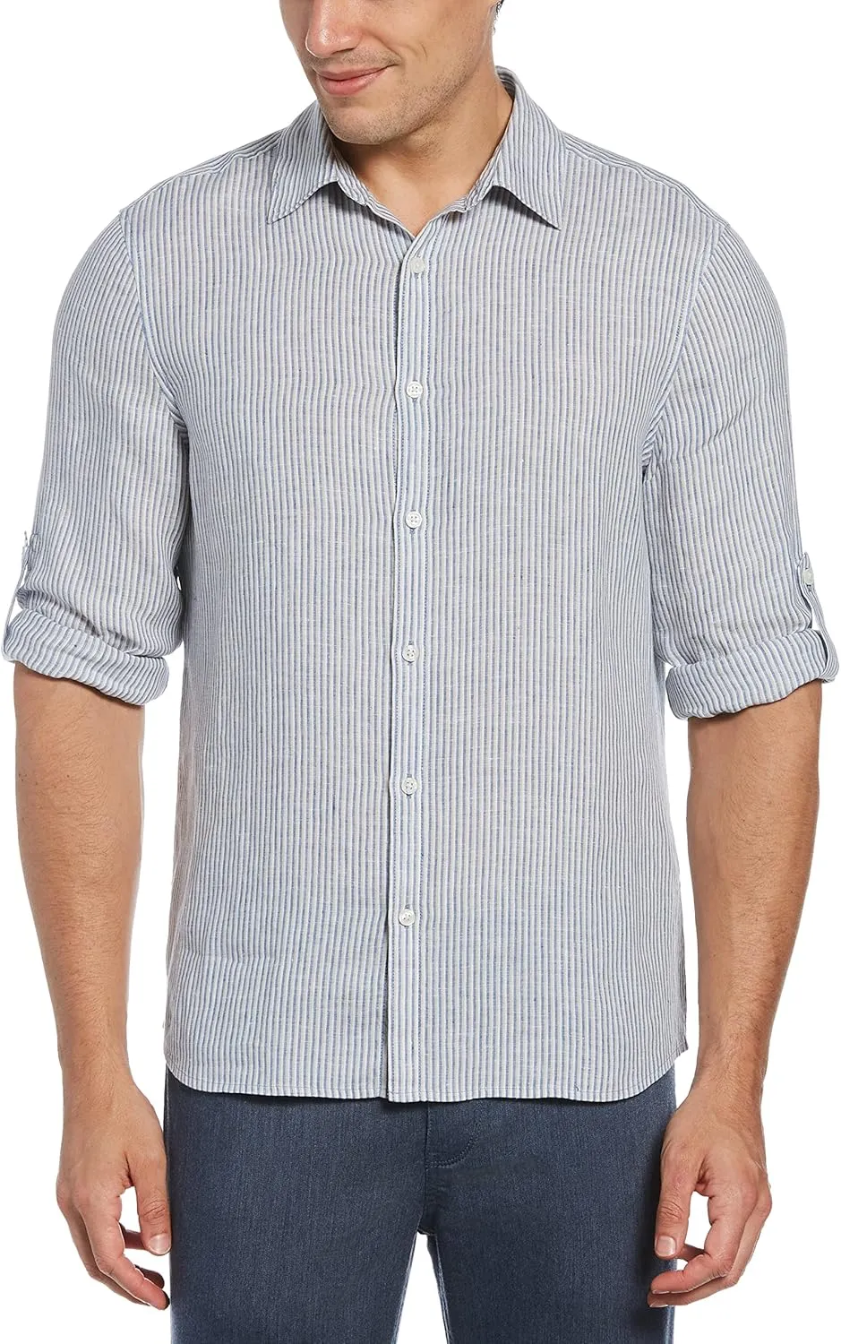 Perry Ellis Men's Linen Blend Tri-Color Stripe Roll Sleeve Button-Down Shirt