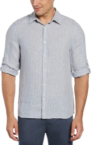 Perry Ellis Men's Linen Blend Tri-Color Stripe Roll Sleeve Button-Down Shirt