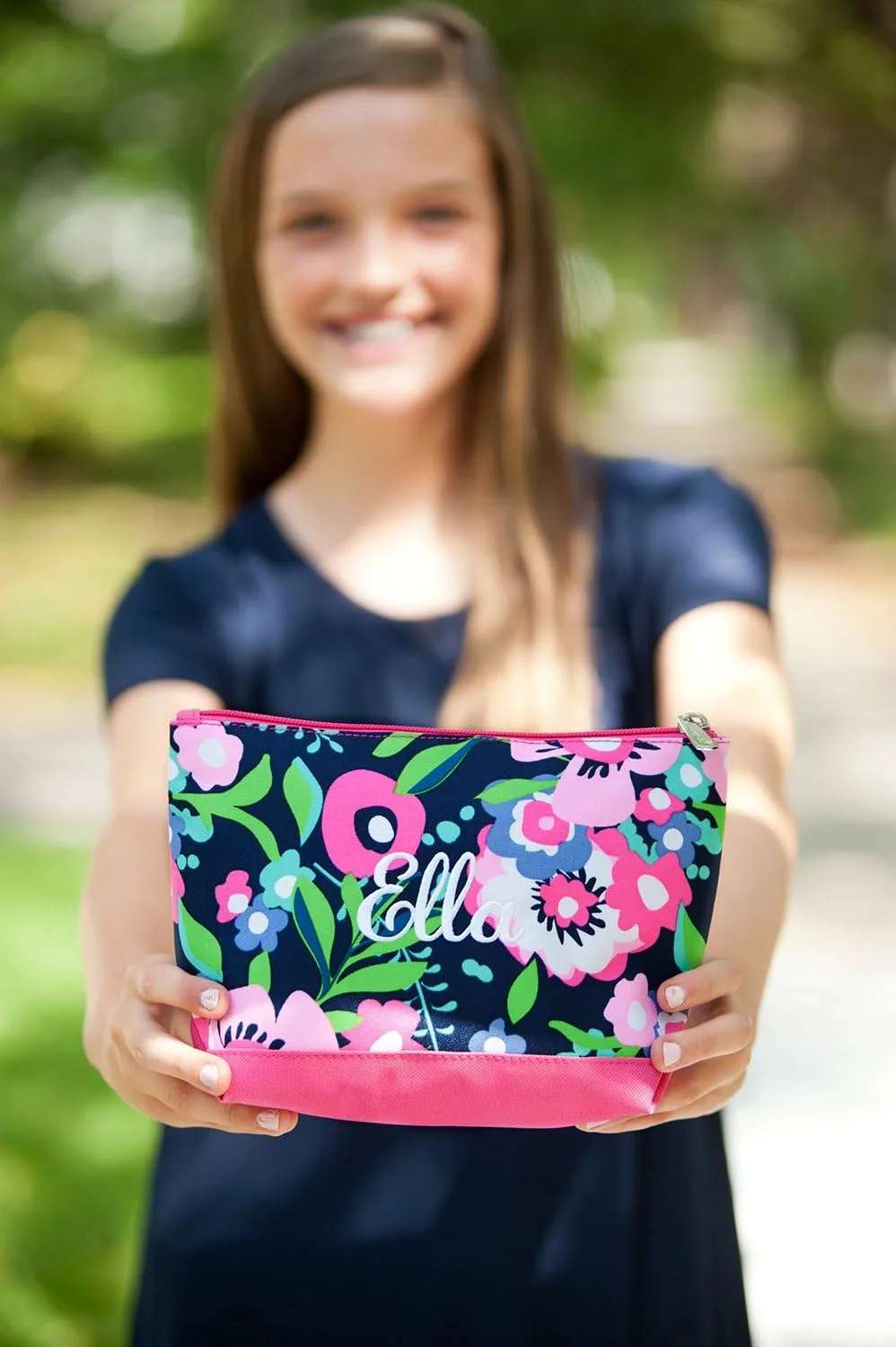 Personalized Bold Pink Flower Print Small 9-inch Accessory Bag for Travel or Work