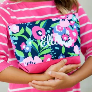 Personalized Bold Pink Flower Print Small 9-inch Accessory Bag for Travel or Work